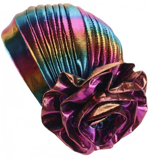 Skullies & Beanies Glitter Laser Flower Turban Colourful Beanie Cap Stretchy Hair Wrap for Women - D Gold - CI18U7T7SZ8 $8.93
