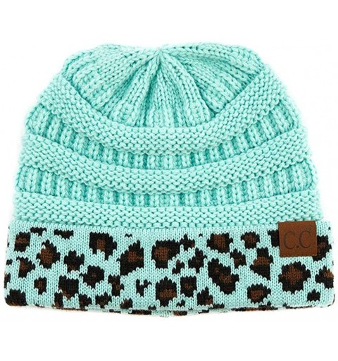Skullies & Beanies Women Classic Solid Color with Leopard Cuff Beanie Skull Cap - A Mint - CT18XUOD2LG $15.69