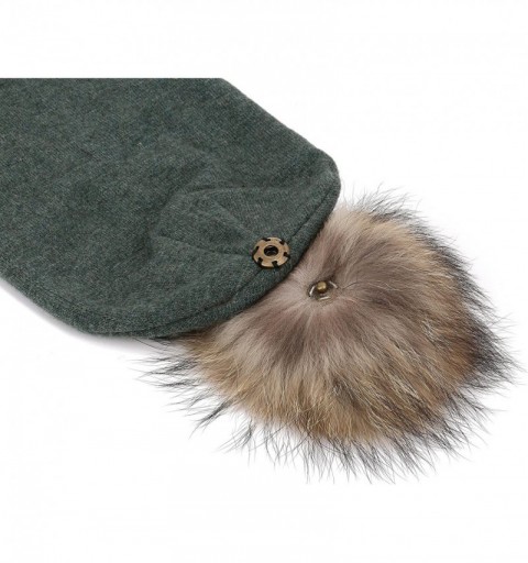 Skullies & Beanies Marino Slouchy Beanie Hat for Women - Cashmere Blend - Rabbit Fur Pompom - Olive Green - CL12MXXZSXZ $21.30