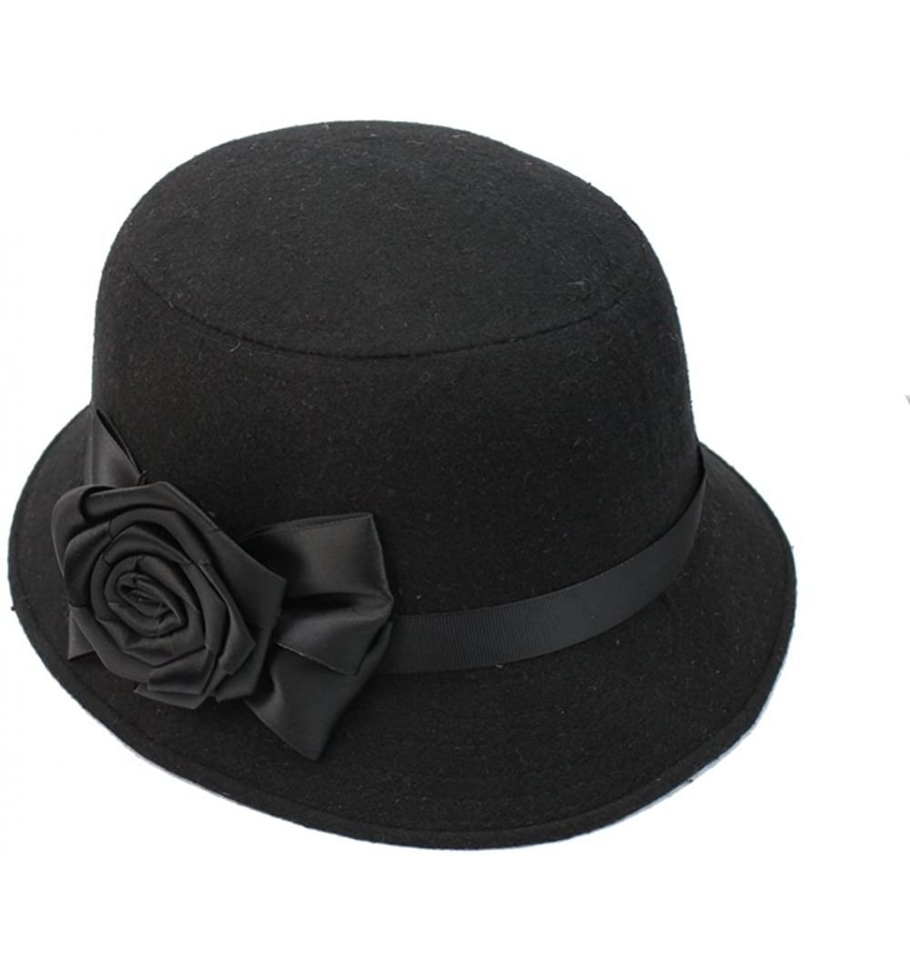 Bucket Hats Hot Fashion Women Ladies Vintage Elegant Cloche Flower Rose Bucket Hat Cap - Black - C411KPC9425 $8.84