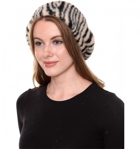 Berets Women's Warm Soft Winter Tiger Pattern Faux Fur Beret Hat Skull Hat Slouch Hat (Tiger Black/Khaki) - CU18AUSTYZX $10.42