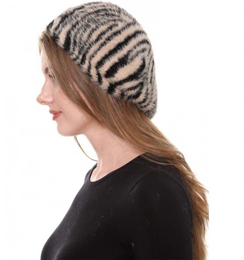 Berets Women's Warm Soft Winter Tiger Pattern Faux Fur Beret Hat Skull Hat Slouch Hat (Tiger Black/Khaki) - CU18AUSTYZX $10.42
