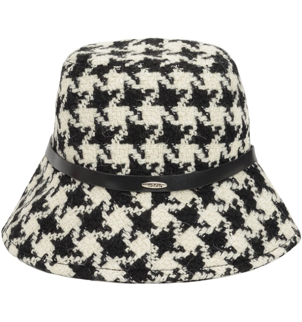 Bucket Hats Ladies Winter Check Houndstooth Tweed Bucket Hat with Belt - Black White - CD11QS6QGY1 $14.67