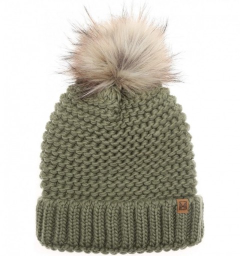 Skullies & Beanies Women's Double Purl Knitted Beanie Hat- Soft Warm Cable Knitted Winter Hat with Faux Fur Pom Pom - Sage - ...
