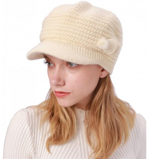 Skullies & Beanies Womens Winter Warm Hat Newsboy Hat Fleece Lining Slouchy Beanie Knitted Caps with Visor - Beige - CA1925M9...