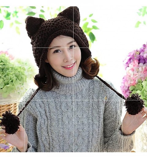 Skullies & Beanies Women's Hat Cat Ear Crochet Braided Knit Caps Warm Snowboarding Winter - Dark Coffee - CG12MZDNH8I $7.46