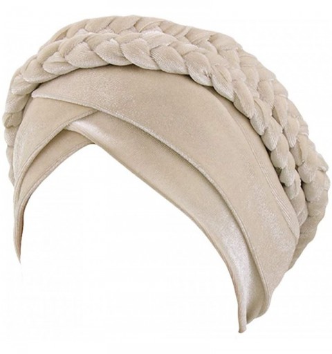 Skullies & Beanies Women Braid Velvet Muslim Stretch Turban Hat Twist Braid Cap Head Scarf Wrap Cap - Beige - C218T63DRED $8.39