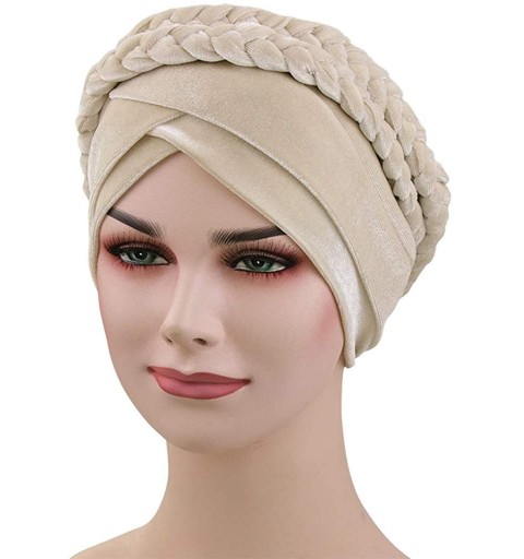 Skullies & Beanies Women Braid Velvet Muslim Stretch Turban Hat Twist Braid Cap Head Scarf Wrap Cap - Beige - C218T63DRED $8.39