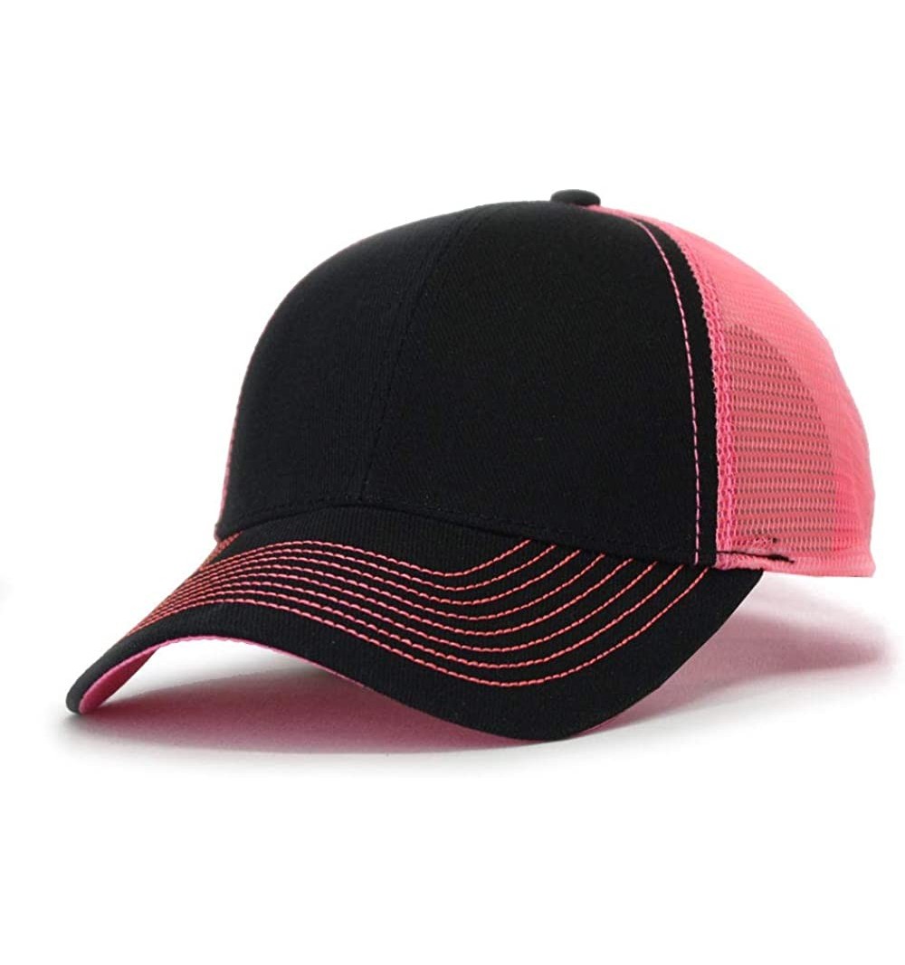 Baseball Caps Plain Two Tone Cotton Twill Mesh Adjustable Trucker Baseball Cap - Black/Neon Pink - CE18CXDSLMN $15.40
