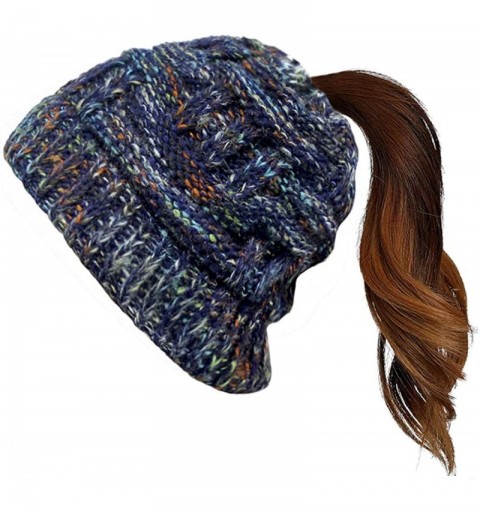 Skullies & Beanies Women's Ponytail Beanie Hat Soft Stretch Cable Knit Hat Warm Winter Hat - Navy Kaleidoscope Mix - C018AQTY...