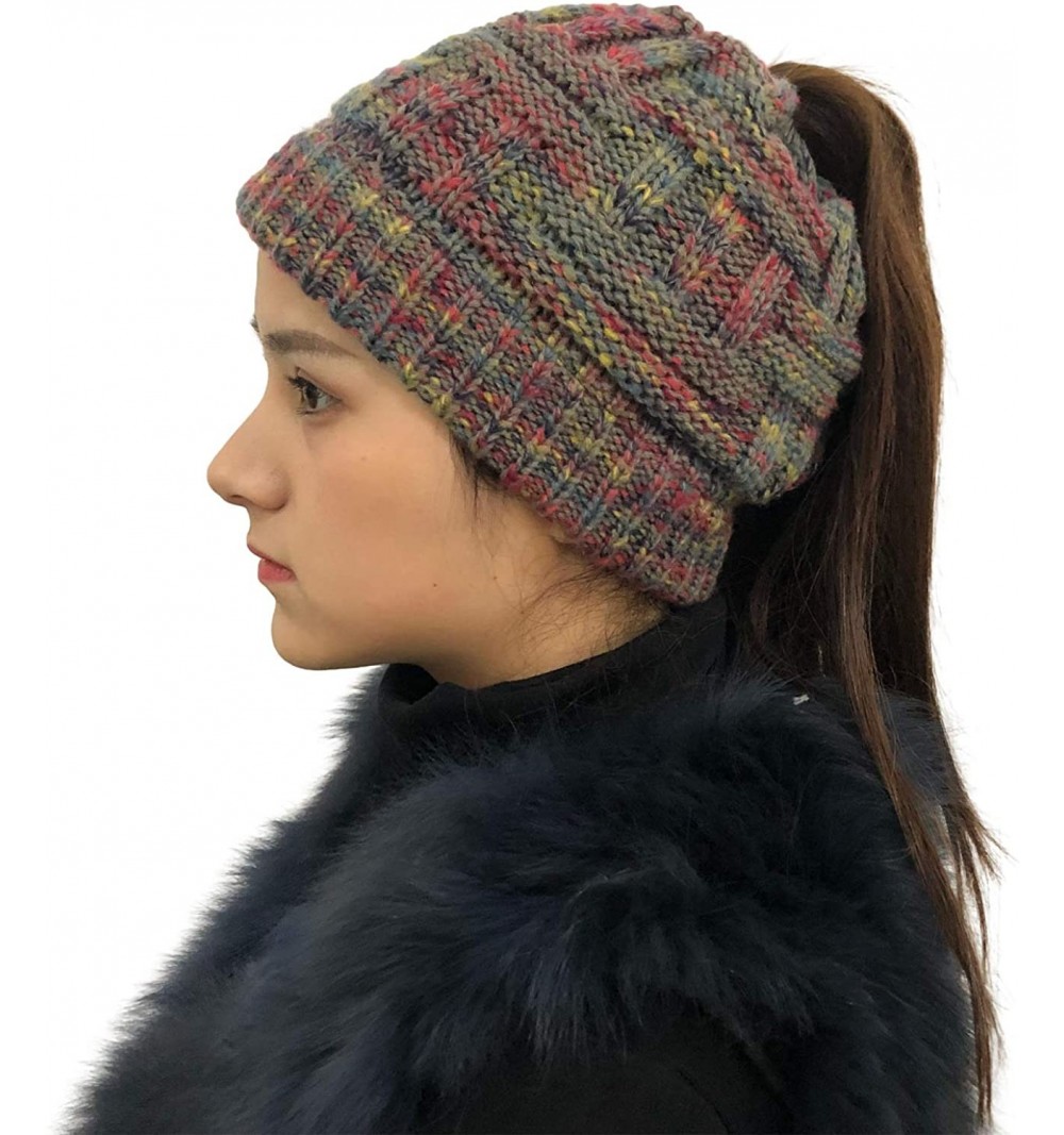 Skullies & Beanies Bun Beaines for Women Soft Stretch Cable Knit Messy High Bun Ponytail Beanie Hat - Color-grey Red - CS18YR...