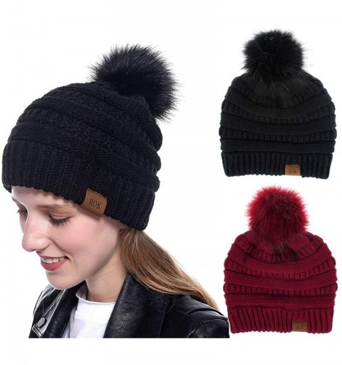 Skullies & Beanies Women Pompom Beanie 2 Pack- Knit Ski Cap Winter Chunky Baggy Hat with Faux Fur Bobble (Black + Red) - C718...