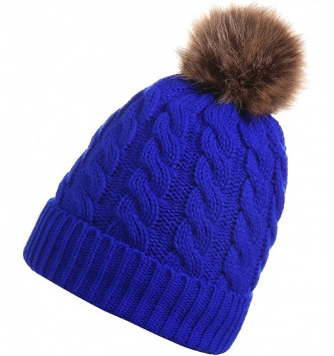 Skullies & Beanies Women's Winter Ribbed Knit Faux Fur Pompoms Chunky Lined Beanie Hats - Single-denim Blue - C718XIOAQU5 $12.38