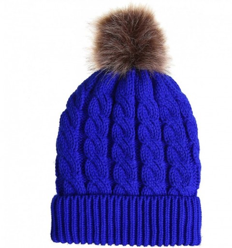 Skullies & Beanies Women's Winter Ribbed Knit Faux Fur Pompoms Chunky Lined Beanie Hats - Single-denim Blue - C718XIOAQU5 $12.38