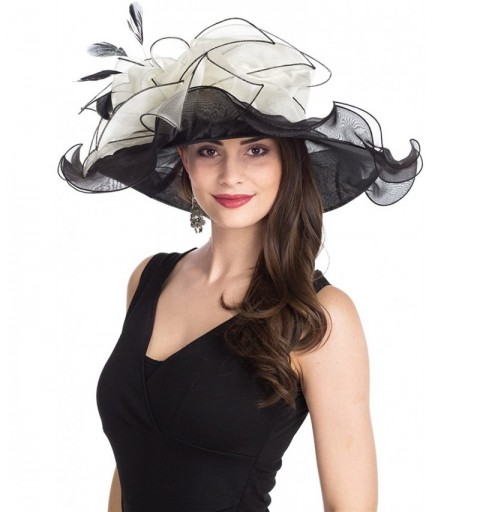 Sun Hats Women Kentucky Derby Church Beach Fascinators Hat Wide Floral Brim Flat Hat with Bowknot - Leaves-black/Beige - CA18...