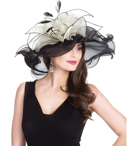 Sun Hats Women Kentucky Derby Church Beach Fascinators Hat Wide Floral Brim Flat Hat with Bowknot - Leaves-black/Beige - CA18...