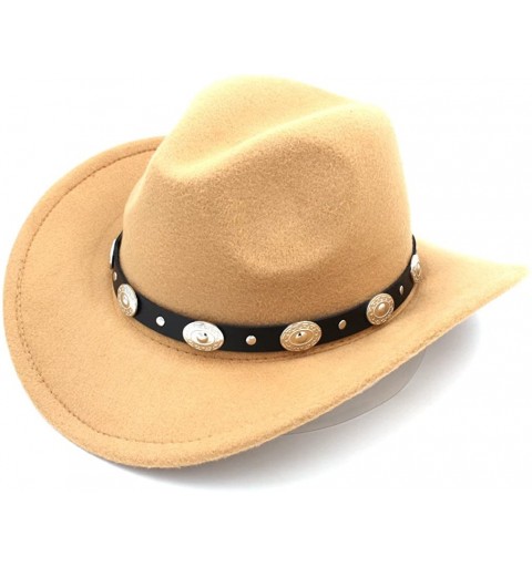 Cowboy Hats Womem Men Wool Blend Western Cowboy Hat Wide Brim Cowgirl Jazz Cap Leather Band - Camel - CF186I0YRA8 $12.03