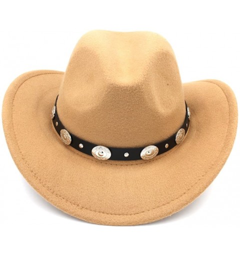 Cowboy Hats Womem Men Wool Blend Western Cowboy Hat Wide Brim Cowgirl Jazz Cap Leather Band - Camel - CF186I0YRA8 $12.03