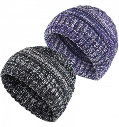 Skullies & Beanies Ponytail Beanies for Women- 2 Pack Stretch Cable Knit Hat Messy High Bun Cap - Set 2 - CF18ID4C7CR $34.75