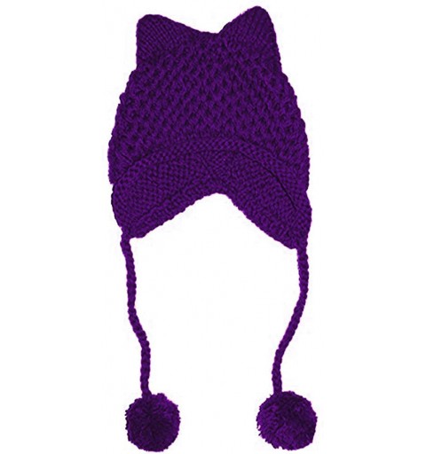 Skullies & Beanies Hot Pink Pussy Cat Beanie for Women's March Knitted Hat with Pom Pom Ear Cap - Purple - C21802IO957 $11.85