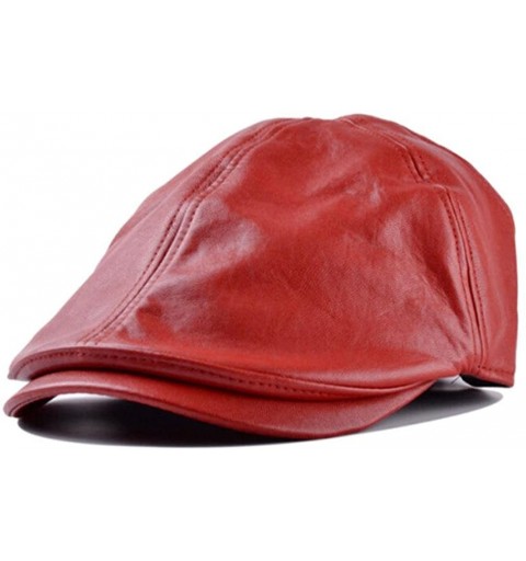 Newsboy Caps Vintage PU Leather Beret Cap- Men Women Peaked Hat Newsboy Sunscreen Flat Hat Fashion - Red - CC180XIGRKS $9.59