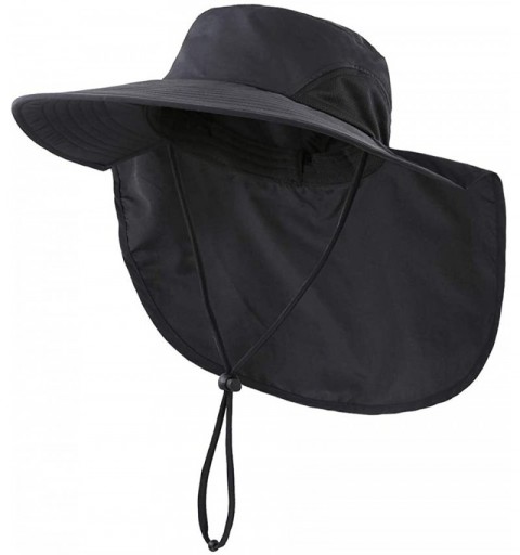 Sun Hats Outdoor UPF50+ Sun Hat Wide Brim Mesh Fishing Hat with Neck Flap - Black - CS18OT4D3U6 $27.08