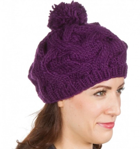 Skullies & Beanies Cable Knit Pom Pom Thick Slouch Hat - Eggplant - CM116WFNXN5 $8.49
