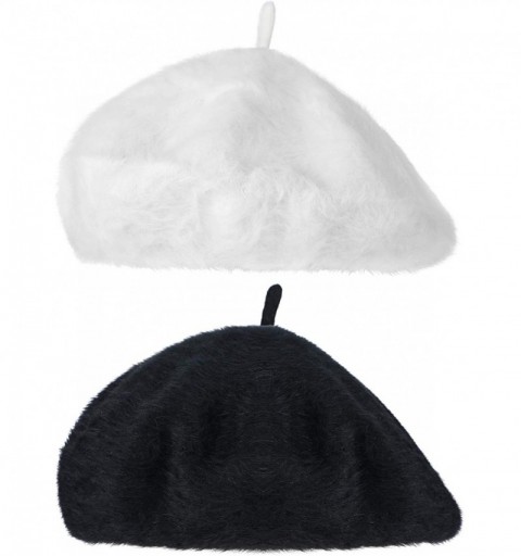 Berets 2 Pieces Beret Hats Angora French Beret Caps Plaid Berets Winter Furry Hats (Color Set 1) - CI18Z5ARMKM $13.10