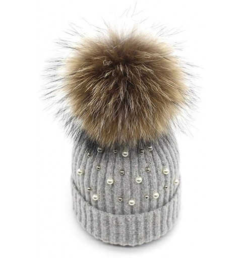 Skullies & Beanies Girls Winter Knitted Beanie Hat Real Fur Pom Pearls Womens Warm Cap - Light Grey - C218KNE36WO $16.31