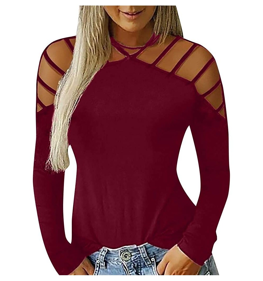 Headbands Women Summer Long Sleeve Cold Shoulder T Shirts Cut Out O Neck Tunic Blouses Studded Pullover Sweater - Red-d - C81...