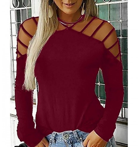 Headbands Women Summer Long Sleeve Cold Shoulder T Shirts Cut Out O Neck Tunic Blouses Studded Pullover Sweater - Red-d - C81...