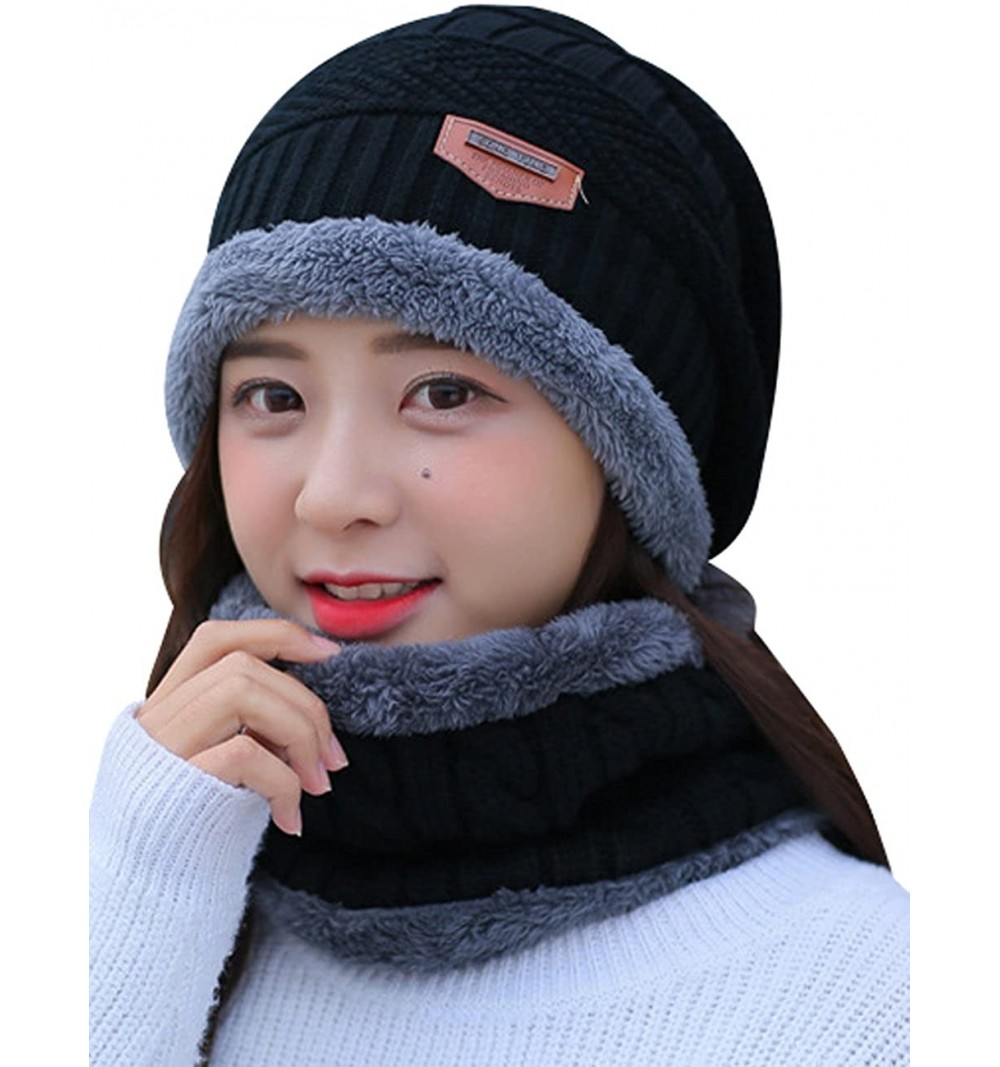 Cold Weather Headbands Women's and Men's Winter Velvet Thick Knitted Cap With Bib Outdoor Warm Two-piece Suit - Women's Black...