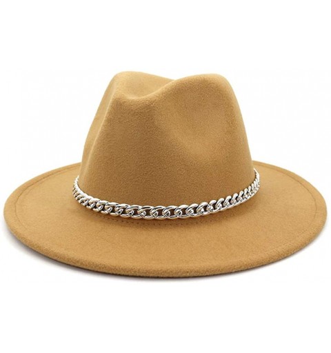 Fedoras Wide Brim Panama Fedoras Hat Felt Hat with Chain Belt for Men Women - Camel - CX193MZ3GW5 $15.07