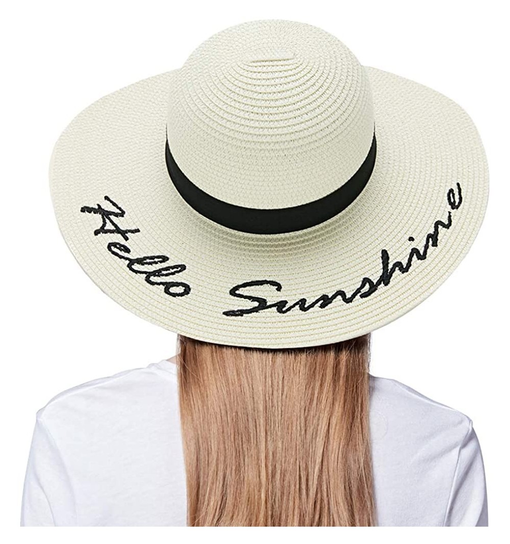 Sun Hats Floppy Beach Straw Hat Women Sun Hats Wide Brim Embroidered UPF50+ - A1-beige - CD196WGGSS5 $19.15
