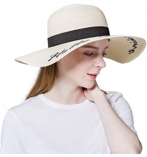 Sun Hats Floppy Beach Straw Hat Women Sun Hats Wide Brim Embroidered UPF50+ - A1-beige - CD196WGGSS5 $19.15