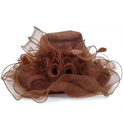 Sun Hats Women Foldable Organza Church Derby Hat Ruffles Wide Brim - Brown-a - CF17Z772QIE $9.99