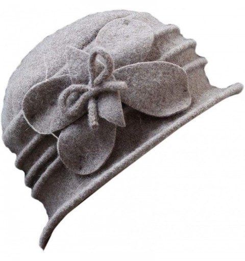Skullies & Beanies Women 100% Wool Felt Round Top Cloche Hat Fedoras Trilby with Bow Flower - A1 Camel - CM185A0RN9K $15.83