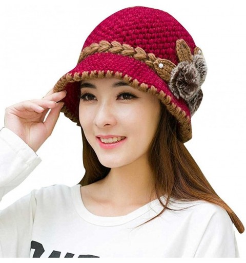 Skullies & Beanies Womens Hat Winter- Beret Cap- Elegant Womens Flower Knit Crochet Beanie Hat Winter Warm Cap - Hot Pink - C...