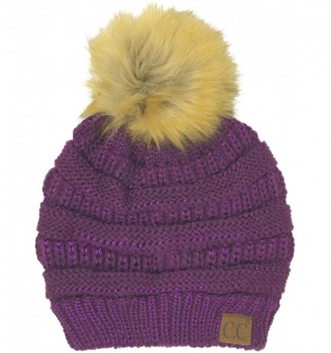 Skullies & Beanies Fur Pom Winter Fall Trendy Chunky Stretchy Cable Knit Beanie Hat - Metallic Purple - CJ18YAHTCO8 $13.67