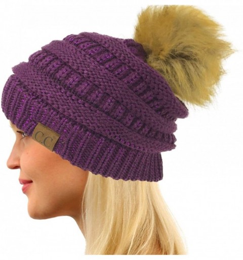 Skullies & Beanies Fur Pom Winter Fall Trendy Chunky Stretchy Cable Knit Beanie Hat - Metallic Purple - CJ18YAHTCO8 $13.67