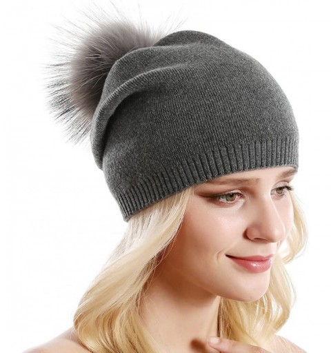 Skullies & Beanies Women Knit Wool Beanie - Winter Solid Cashmere Ski Hats Real Raccoon Fur Pom Pom - CK18GU73XYT $9.73