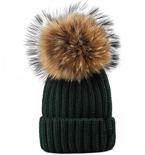 Skullies & Beanies Knitted Real Fur Hat 100% Real Raccoon Fur Pom Pom Hat Winter Women Hat Beanie for Women - Dark Green - C6...