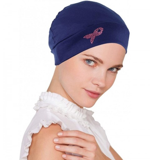 Skullies & Beanies Breast Cancer Awareness Soft Comfy Chemo Cap Hat with Pink Ribbon Metallic Rhinestud - 07- Navy Blue - C91...