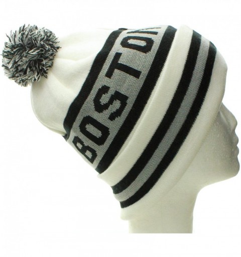 Skullies & Beanies USA Favorite City Cuff Winter Beanie Knit Pom Pom Hat Cap - Boston - White Black - C611Q2TZ8CZ $10.08