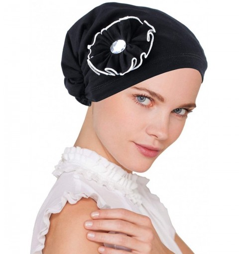 Skullies & Beanies Josie Turban Chemo Cancer Hat Scarf with Rhinestone Flower - 10 - Cotton Black With White Trim - CI18Q8RHN...
