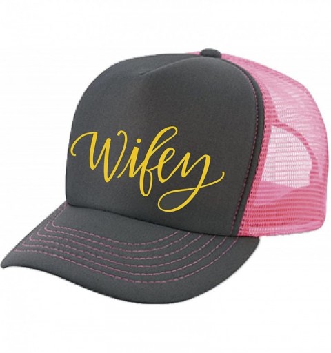 Baseball Caps Women's Mens Unisex Trucker HAT - Wifey - Cool Stylish Apparel Accessories - Pink/Charcoal-gold Print - CP1850A...