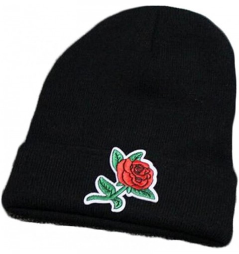 Skullies & Beanies Embroidered Rose Knit Hat Winter Ski Skullcap Top Hat Black Elastic Beanie for Men & Women - 3 - CU186G43A...