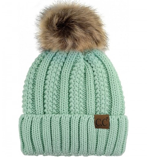 Skullies & Beanies Thick Cable Knit Faux Fuzzy Fur Pom Fleece Lined Skull Cap Cuff Beanie - Mint - CB185IWEX5D $32.86