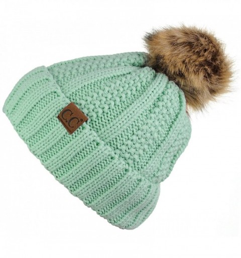 Skullies & Beanies Thick Cable Knit Faux Fuzzy Fur Pom Fleece Lined Skull Cap Cuff Beanie - Mint - CB185IWEX5D $17.92