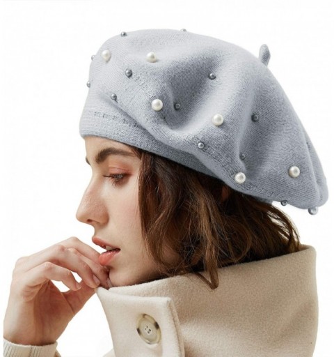 Berets Women French Beret Embellished Pearl Ladies Art Basque Hat French Barrette Solid Color Beanie Hat for Girl - CD18YE2MT...